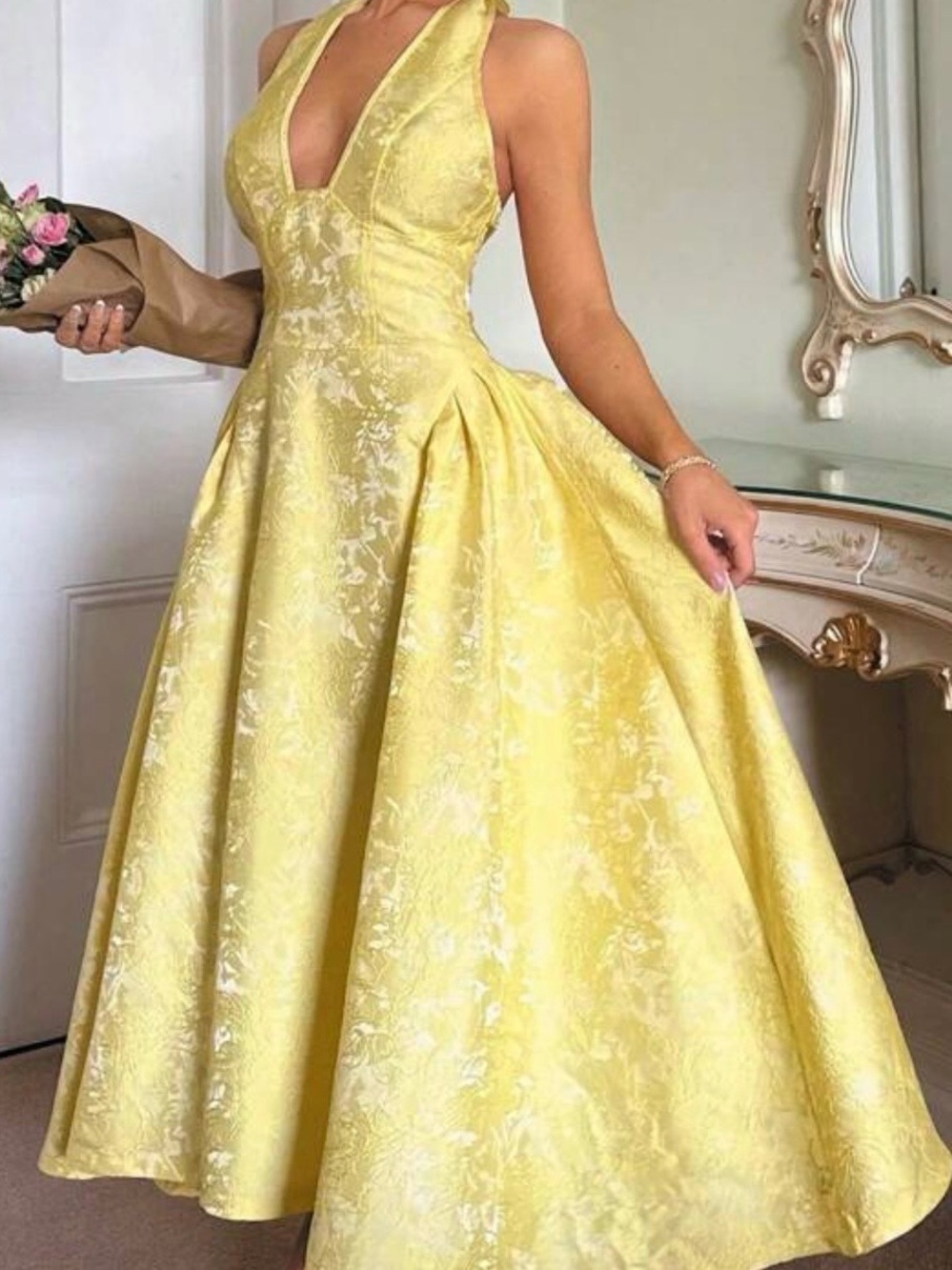 Elegant Yellow Halter A-Line Dress